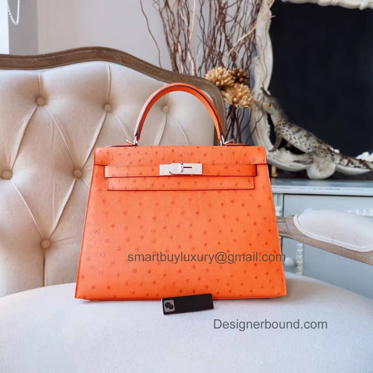 Hermes Kelly 28 Bag in ck93 Orange Ostrich PHW